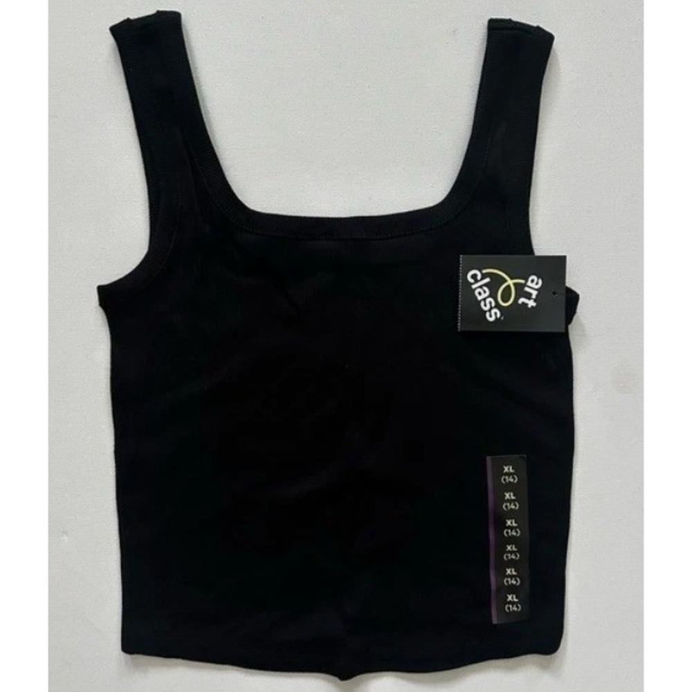Art Class Girls XL 14 Ribbed Tank Top Black Square Neck Cropped Sleeveless Shirt